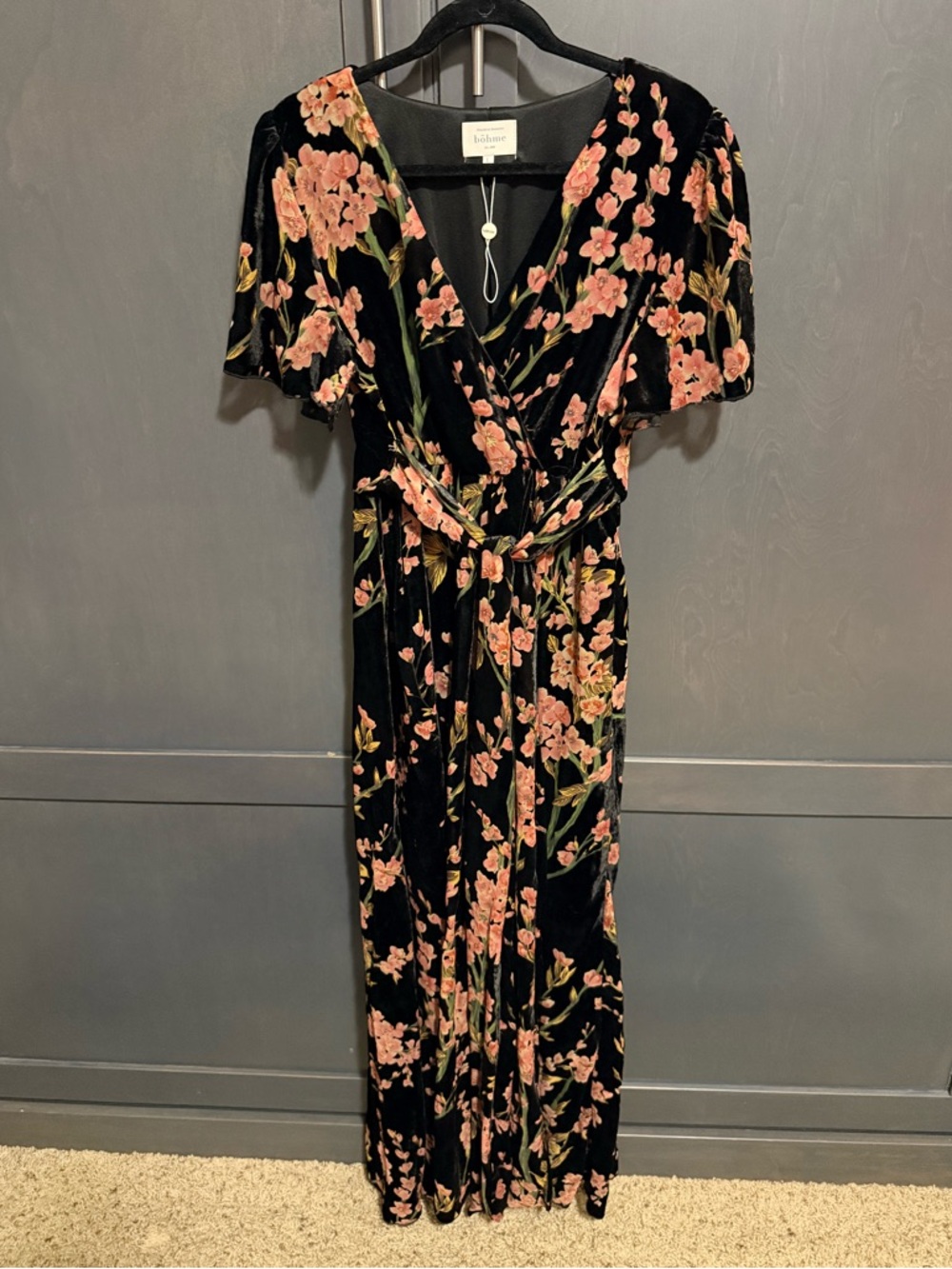 Bohme Black Velvet Maxi Dress with Pink Floral Print